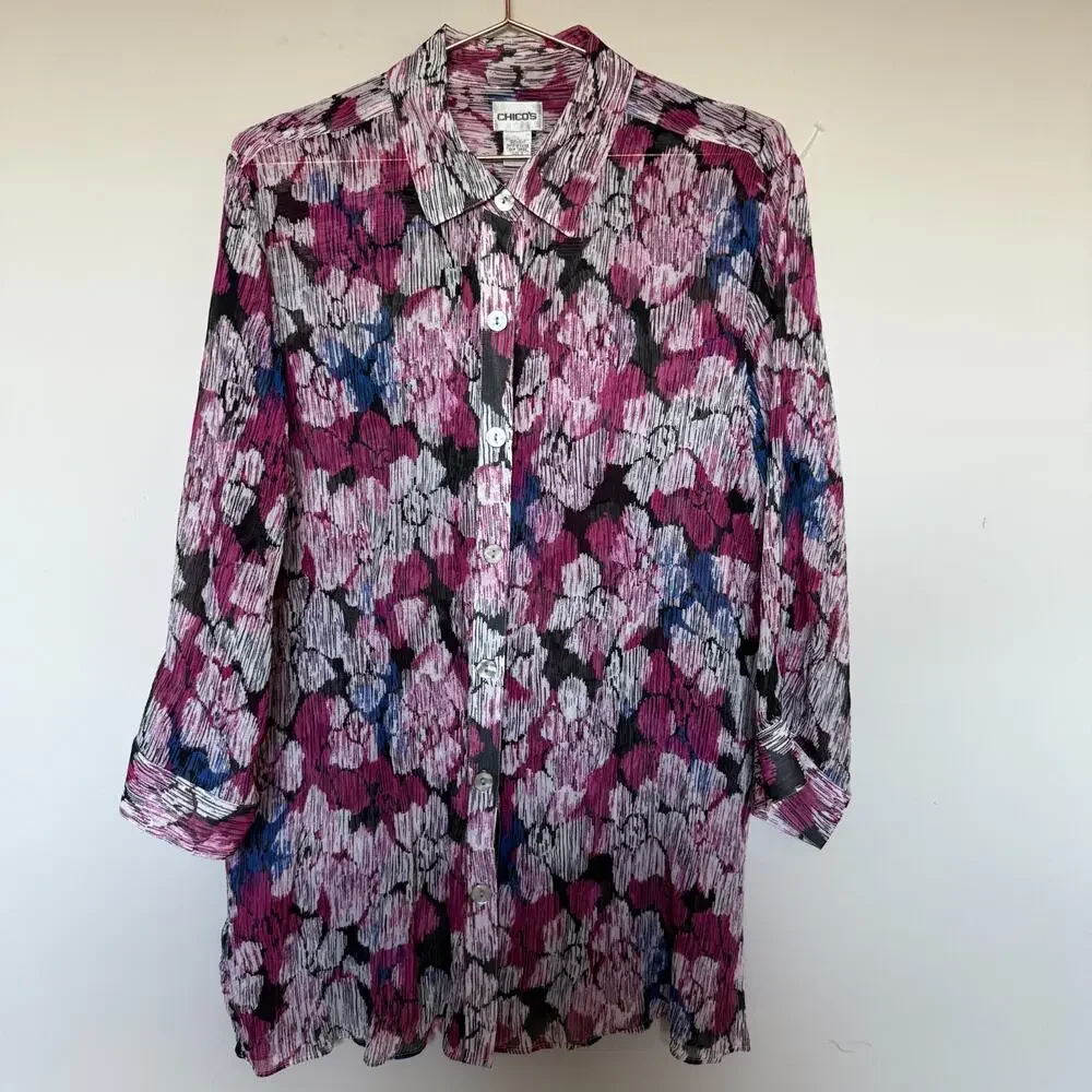 Chico's Women Silk Top Size 3 US XL Long Sleeve Floral Button Up Mature Colorful